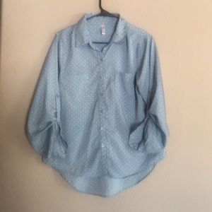 Super cute light blue and white polka dot blouse